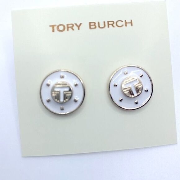 NWOT Tory Burch Gold, White Enamel Round Stud Earrings - Picture 1 of 4